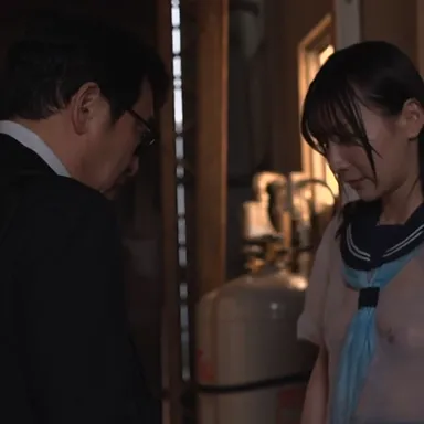 Schoolgirl sheltering from the rain with her soaking wet uniform catches the attention of a man